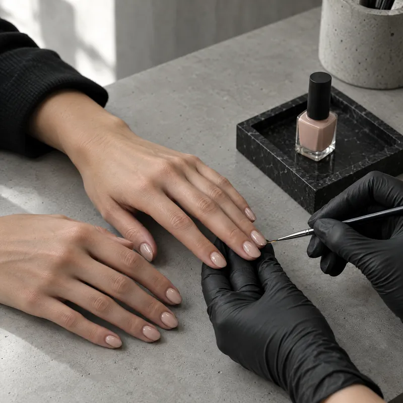 Manicure con esmalte nude sobre una mesa de concreto